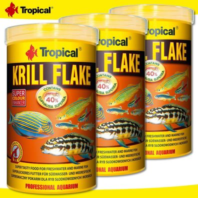 Tropical 3 x 1000 ml Krill Flake | Leckeres Futter für Süß- und Meerwasserfische