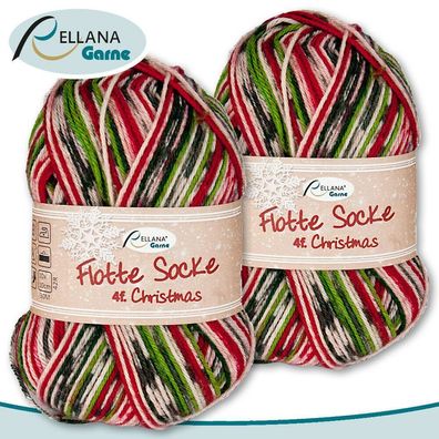 Rellana 2 x 100 g Flotte Socke Christmas 4-fädig Sockenwolle mit Häkelanleitung