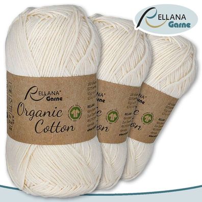 Rellana 3 x 50 g Organic Cotton | 16 |100 % Öko-Baumwolle Handarbeit Stricken