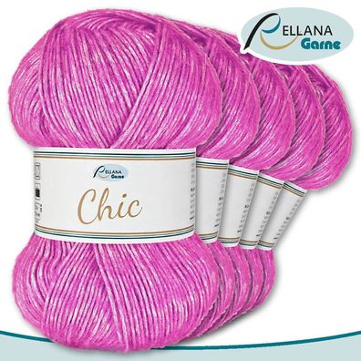 Rellana 5 x100 g Chic Wolle | Pink 34 | Glitzereffekt Handarbeit Basteln Häkeln