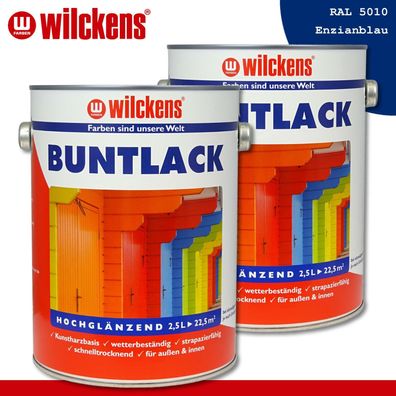 Wilckens 2 x 2,5 l Buntlack hochglänzend RAL 5010 Enzianblau innen & außen Lack