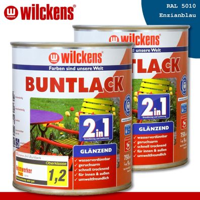 Wilckens 2 x 750 ml Buntlack 2in1 glänzend RAL 5010 Enzianblau innen und außen