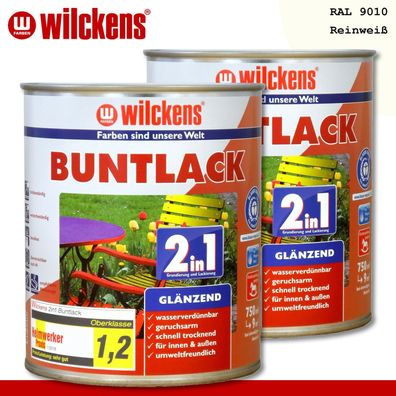 Wilckens 2 x 750 ml Buntlack 2in1 glänzend RAL 9010 Reinweiß innen und außen