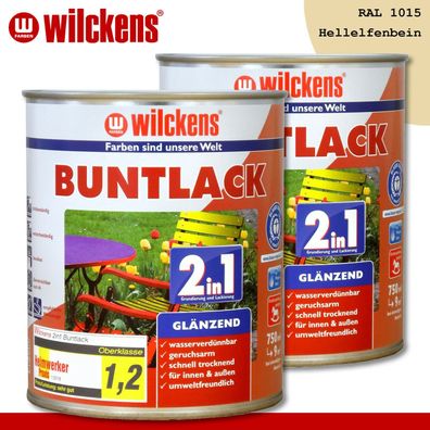 Wilckens 2x 750 ml Buntlack 2in1 glänzend RAL 1015 Hellelfenbein innen und außen