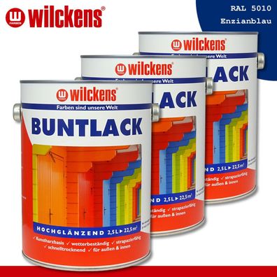 Wilckens 3 x 2,5 l Buntlack hochglänzend RAL 5010 Enzianblau innen & außen Lack