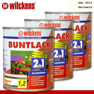 Wilckens 3 x 750 ml Buntlack 2in1 glänzend RAL 9010 Reinweiß innen und außen