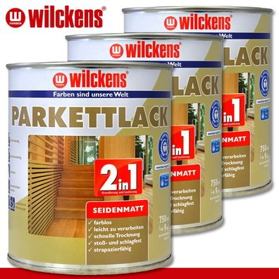Wilckens 3 x 750 ml Parkettlack 2in1 seidenmatt Fußbodenlack Holzboden Korkboden