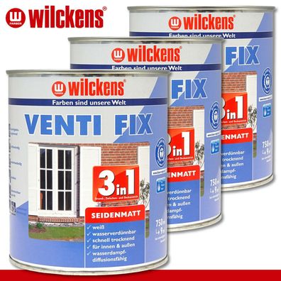 Wilckens 3x 750 ml Venti Fix 3in1 seidenmatt weiß wasserverdünnbar innen & außen