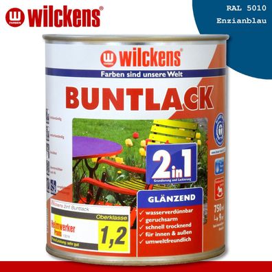 Wilckens 750 ml Buntlack 2in1 glänzend RAL 5010 Enzianblau innen und außen