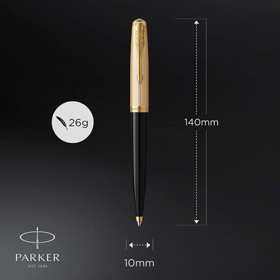 Parker 51 Kugelschreiber | Luxuriöser Schwarzer Schaft mit Goldzierteilen | Mittle...