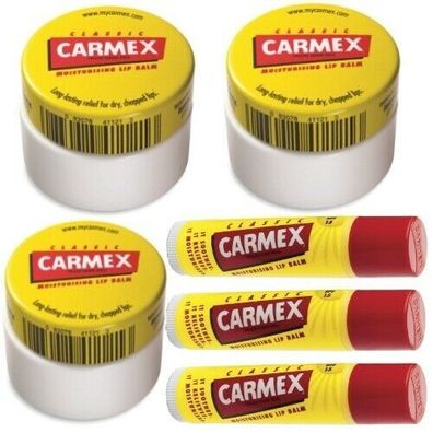 Carmex Classic Lippenbalsam 3x Original STICK + 3x Original Tiegel Lip Balm WoW