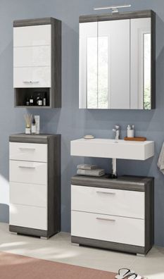 Badmöbel Set Badezimmer 4-tlg weiß Hochglanz grau Möbel Spiegelschrank LED Scout