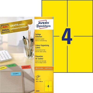 AVERY Zweckform 3459 Gelbe Etiketten (400 Aufkleber, 105x148mm auf A4, permanent ...
