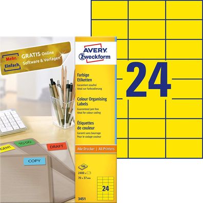 AVERY Zweckform 3451 Gelbe Etiketten (2.400 Aufkleber, 70x37mm auf A4, permanent ...
