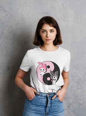 Bio Baumwolle Damen T-Shirt Oversize Ying Yang Kitty Schleife Cat Spruch Süße
