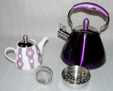 Mayerhoff MH14 Pfeifender Wasserkocher Teekanne Porzellan Caydanlik Purple 3L