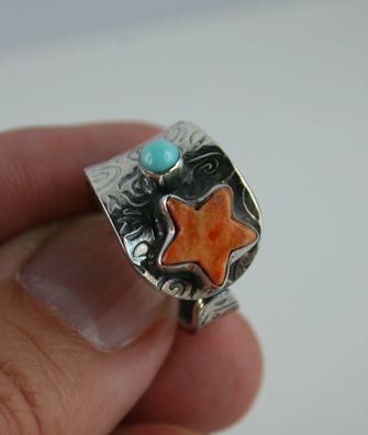 Sterling Silber Ring Stern Größe 58 Koralle und Kingman Mohave Türkis