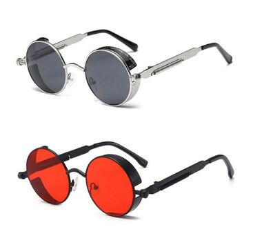 Runde Sonnenbrille Metall Bügel Federn 400 UV Rot Grau Retro 70er Rund Brille