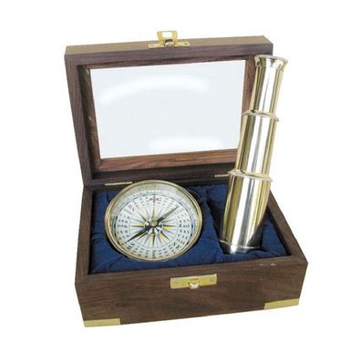 Nautik Set, Kompass und Teleskop Fernrohr in Edelholz Box, Messing poliert