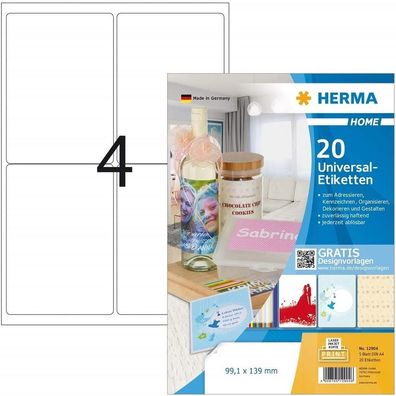 HERMA 12904 Haushalts-Etiketten DIN A4 ablösbar (99,1 x 139 mm, 5 Blatt, Papier, ...