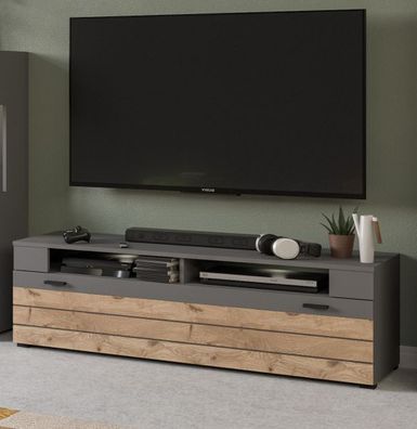 TV Lowboard Fernseher Unterschrank Board für Flat-TV grau und Eiche 140 cm Freno