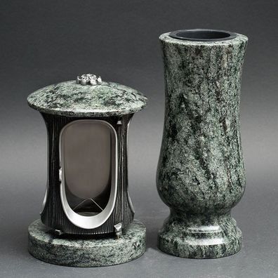 Grab-lampe Grab-vase Grabschmuck Set Grablaterne Friedhofsvase aus Granit Olive green