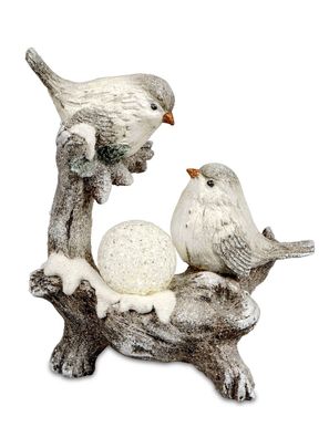 Dekofigur Vogelpaar auf AST | Figur mit LED Licht | Beleuchtung Schneeball 20cm