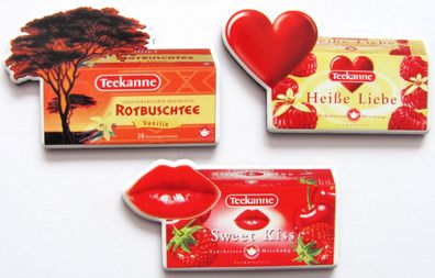 Teekanne - 3 verschiedene Kühlschrankmagnete - Sweet Kiss, Heisse Liebe & Rotbuschtee