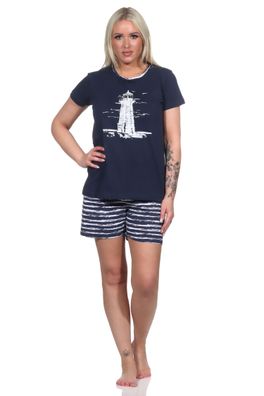Damen kurzarm Shorty Pyjama mit Leuchtturm-Motiv - maritim - 122 205 10 756