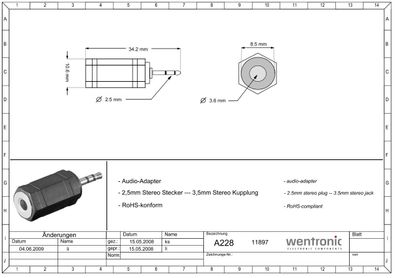 Kopfhörer Adapter, AUX Klinke 2,5 mm zu 3,5 mm - Klinke 2,5 mm Stecker (3-Pin, ...
