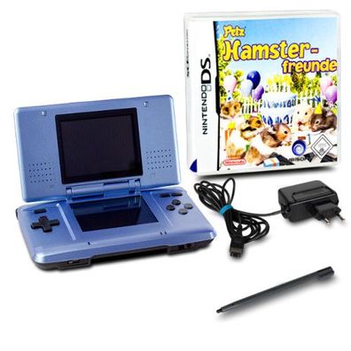 DS Handheld Konsole metallic hellblau #60A + Kabel + Spiel Petz Hamsterfreunde
