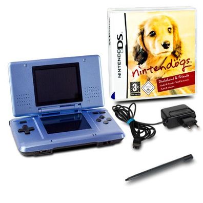 DS Handheld Konsole metallic hellblau #60A + Spiel Nintendogs Dachshund & Friends