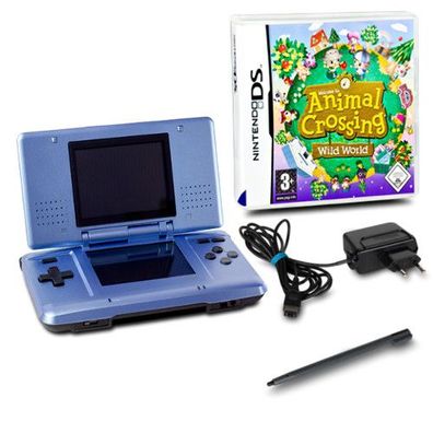 DS Handheld Konsole metallic hellblau #60A + Ladekabel + Spiel Animal Crossing