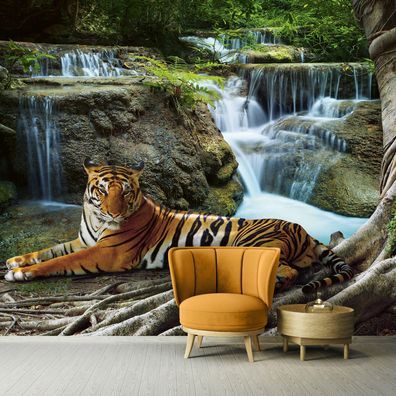 Vlies Fototapete Wald Tiere Tiger Natur Landschaft TAPETE XXL Wohnzimmer Schlafzimmer