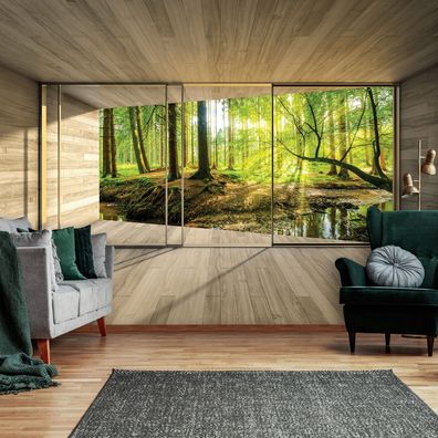 Vlies Fototapete Wald Fenster 3D EFFEKT Sonne TAPETE XXL Wohnzimmer Schlafzimmer