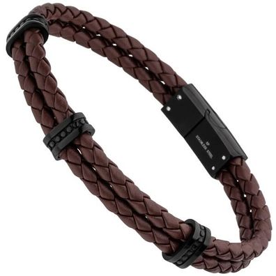 Armband 2-rehig Leder braun mit Edelstahl schwarz 21,5 cm