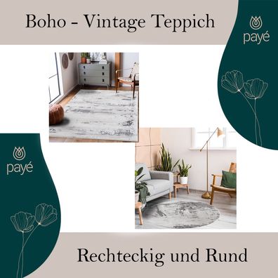 Teppich Wohnzimmer - Grau - Flachflor - Boho Look - Steinoptik - Wohnteppich