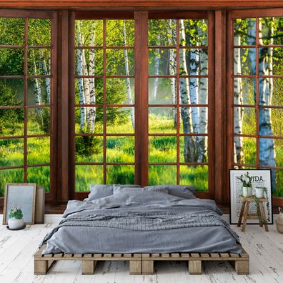 Vlies Fototapete Fenster 3D EFFEKT Wald Birke TAPETE XXL Wohnzimmer Schlafzimmer