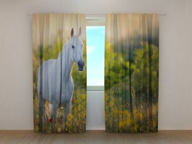 Fotogardine weißes Pferd, Fotovorhang mit Motiv, Digitaldruck, Gardine auf Maß
