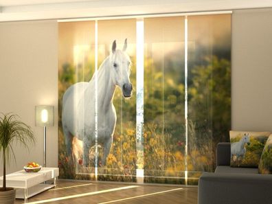 Foto-Schiebegardine weißes Pferd, Flächenvorhang mit Motiv, Fotodruck, auf Maß
