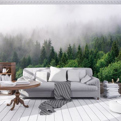 Vlies Fototapete Wald im Nebel Natur Landschaft TAPETE XXL Wohnzimmer Schlafzimmer