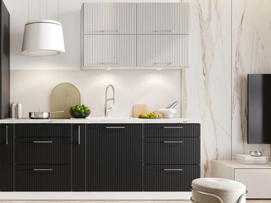 Moderne Einbauküche Kate 210 cm, 7-tlg, mit geriffelten Fronten weiß, grau o. schwarz