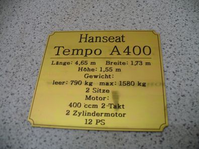 Namensschild für Modellständer oder Diorama - Tempo A400 Hanseat