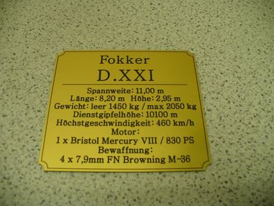 Namensschild für Modellständer oder Diorama - Fokker D. XXI