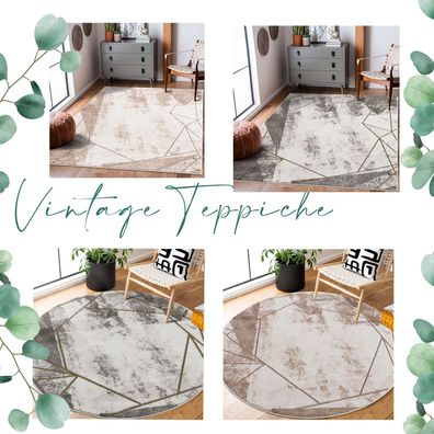 Teppich Wohnzimmer - Flachflor Vintage Marmor Optik - Geometrische Muster