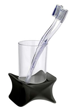 WENKO Zahnputzbecher Glas Ablage X-Form Schwarz Kunststoff Polyresin Schwarz