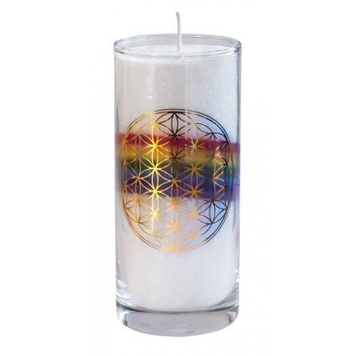 Kerze Crystal Rainbow Blume des Lebens im Glas Stearin 14 cm Symbolkerze