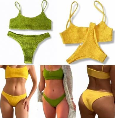 Damen Bikini 2 Teiler Set G-String Badehose Frauen Badeslip Grün Gelb Badeanzug