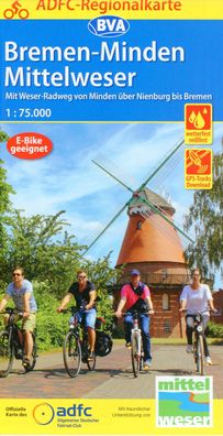 ADFC-Regionalkarte Bremen-Minden Mittelweser, 1:75.000, mit Tagesto