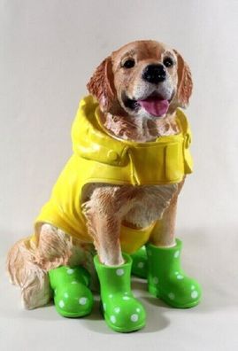 Gartenfigur Hund Golden Retriever Labrador Regenmantel + Gummistiefel grün 3490
